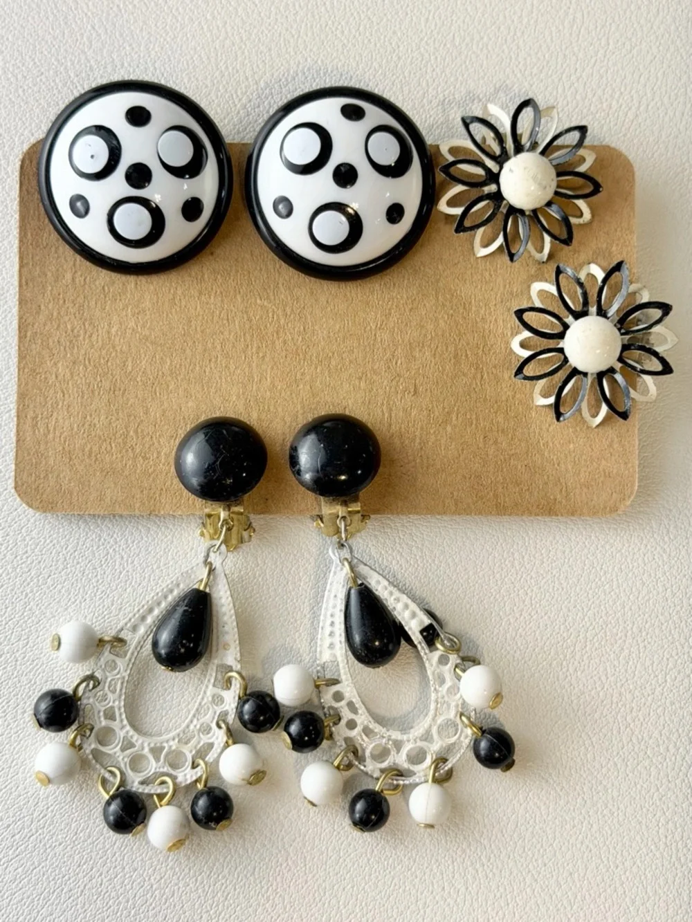 VINTAGE MCM tuxedo glam earring trio set estate jewelry clip enamel dangle bead